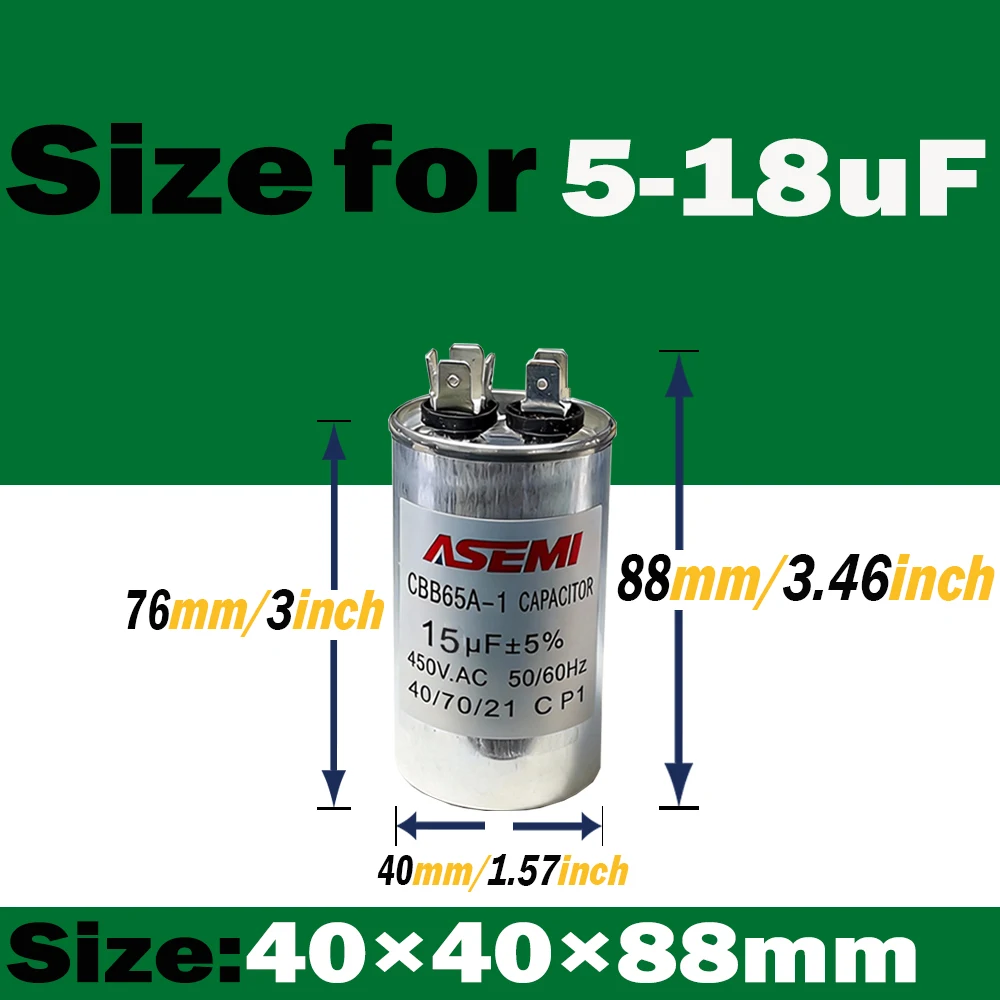 35uF 25uF 20uF 100uF 40uF 45uF 10uF 15uF 5uF CBB65 450V AC Motor Run Capacitor for Air Conditioner Compressor Start Capacitor view 2