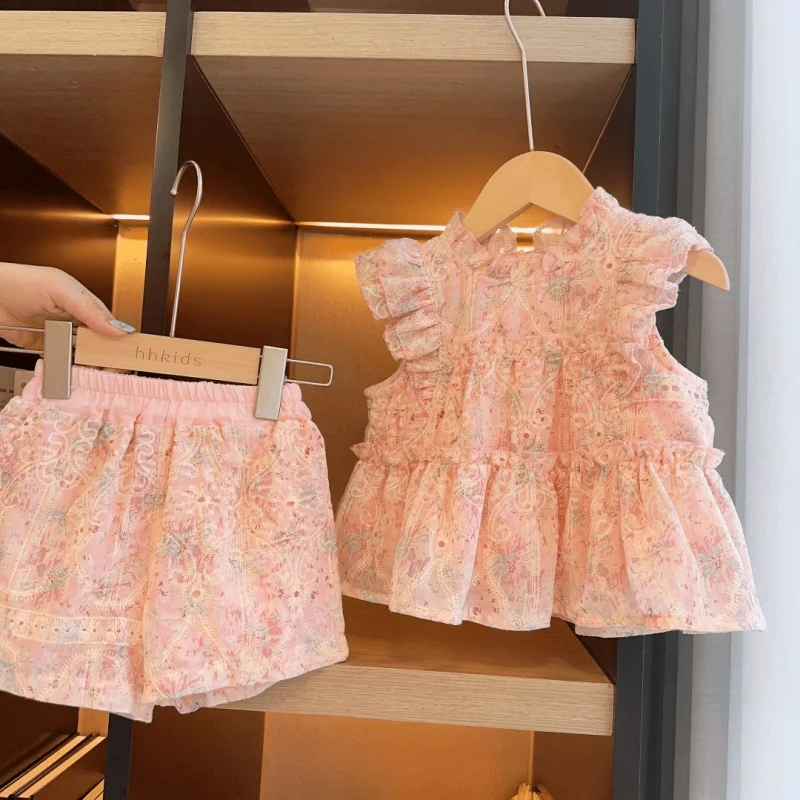 

New Girls' Summer Suits2024New Korean Style Sweet Floral Flying Sleeves Children Two-Piece Set