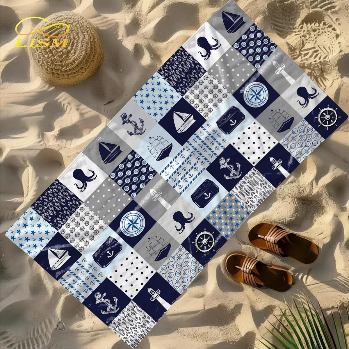 

LISM 1pc Coastal Nautical Beach Towel-Oversized Absorbent Microfiber Quick Dry Ideal for Travel Swimming Surfing Bath Towel
