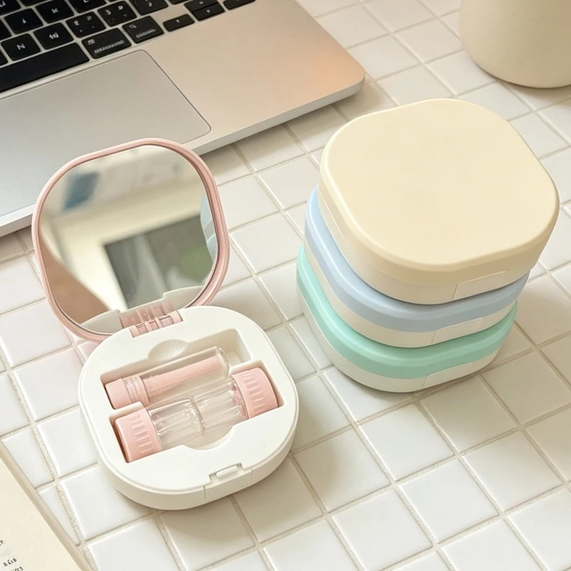 New Hard Contact Lens Case with Mirror Solid Color Lens Storage Box with Suction Stick Travel Eyeglass Container
