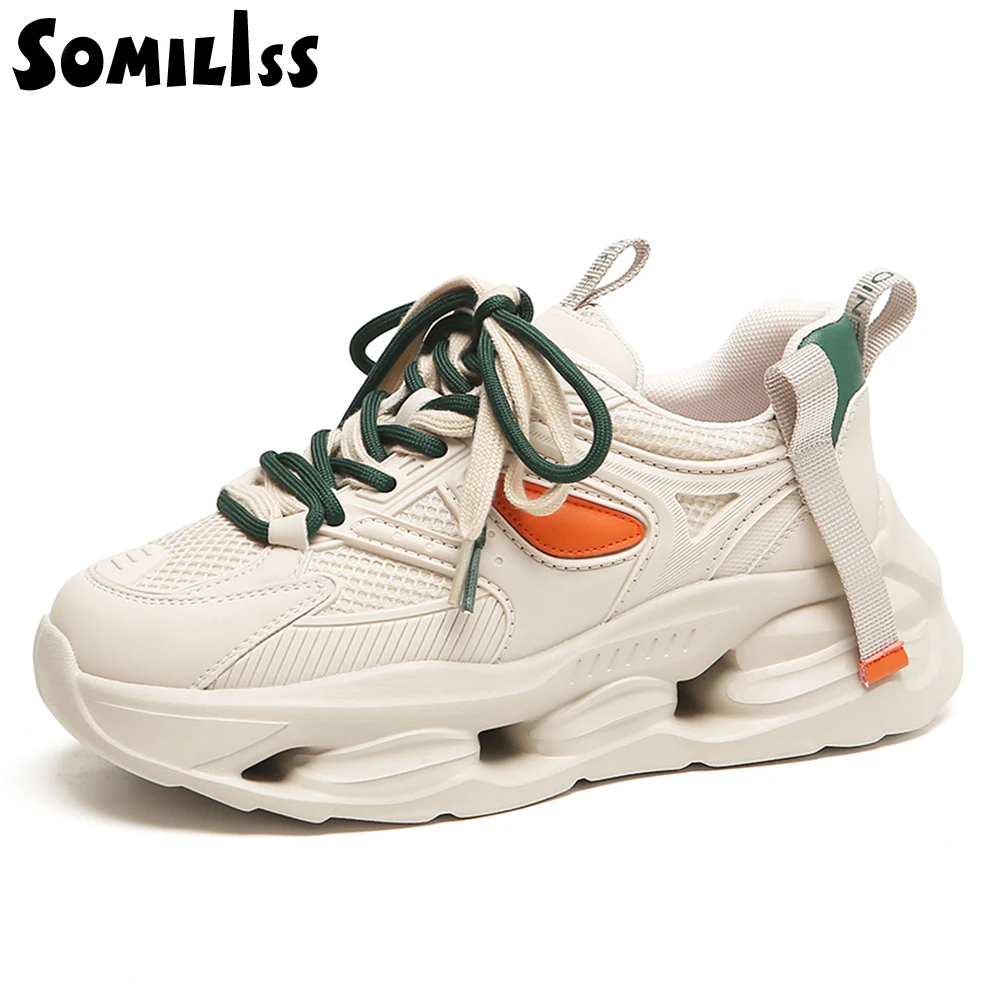 

SOMILISS Women Platform Chunky Sneakers Genuine Leather Breathable Mesh Patchwork Comfortable Ladies Fashion Casual Shoes