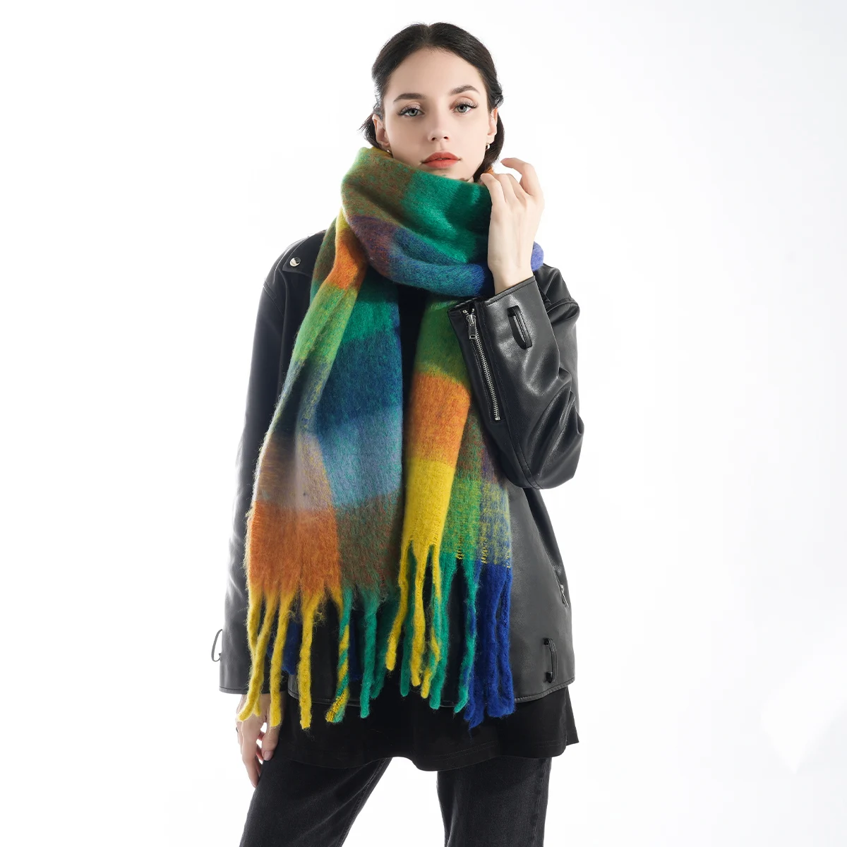 New fashionable imitation cashmere mohair colored ac plaid scarf, casual, soft, thick, warm, long tassel winter scarf shawl