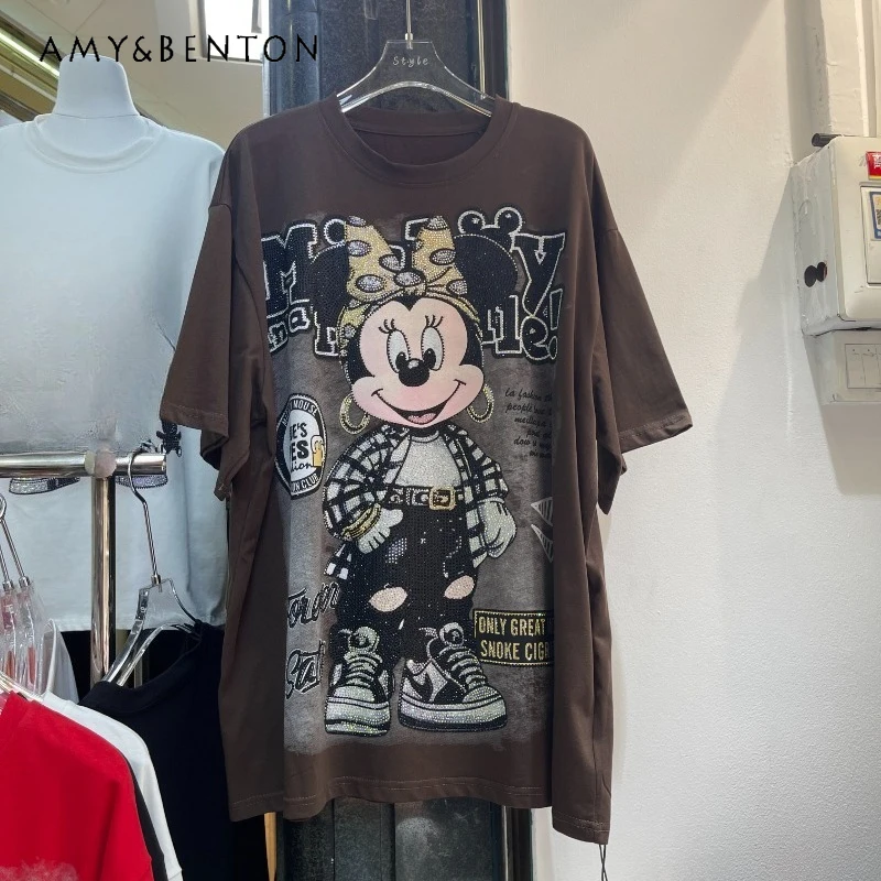 

Heavy Craft Hotfix Rhinestone Cartoon Hand-waving Loose-fit Tees Age-reducing Mid-length Short-sleeved T-shirt For Men And Women