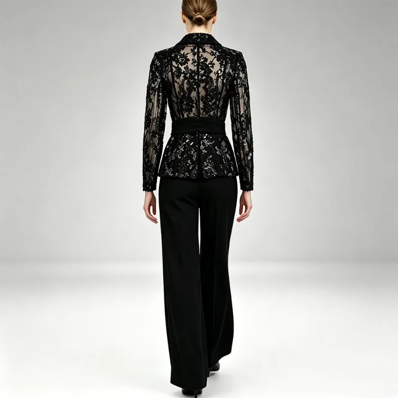 Women 2 Piece Suit Mesh Sequin Embroidery Blazer Straight Pants With Detachable Waist Belt Black Outfit