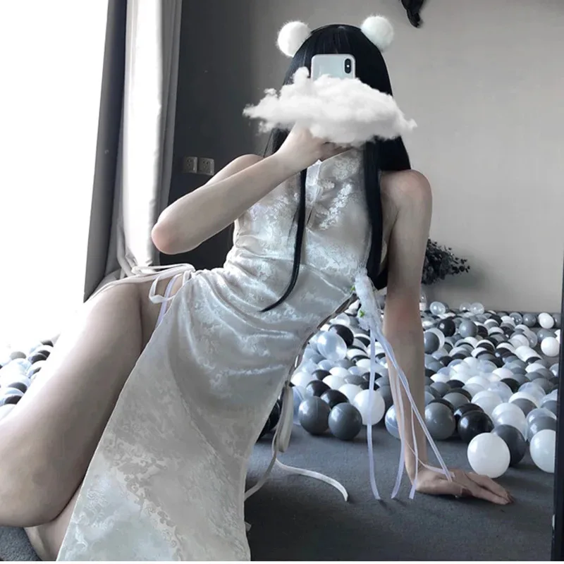 Sukienka Cheongsam w stylu retro z wysokim rozcięciem, ażurowa koronka, seksowna erotyczna bielizna, chińska tradycyjna sukienka na imprezę, kostiumy klubowe; rozmiar 6'x,9