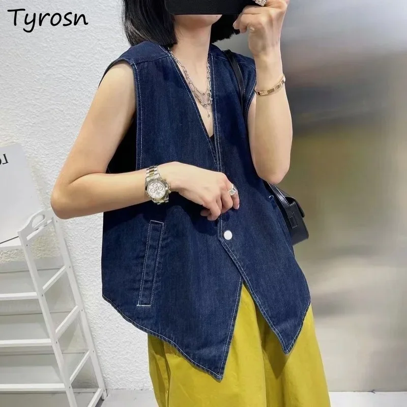 

Denim Vests Women Asymmetrical Casual All-match Retro Basic Creativity Korean Style Fashion Daily Loose Summer Students V-neck