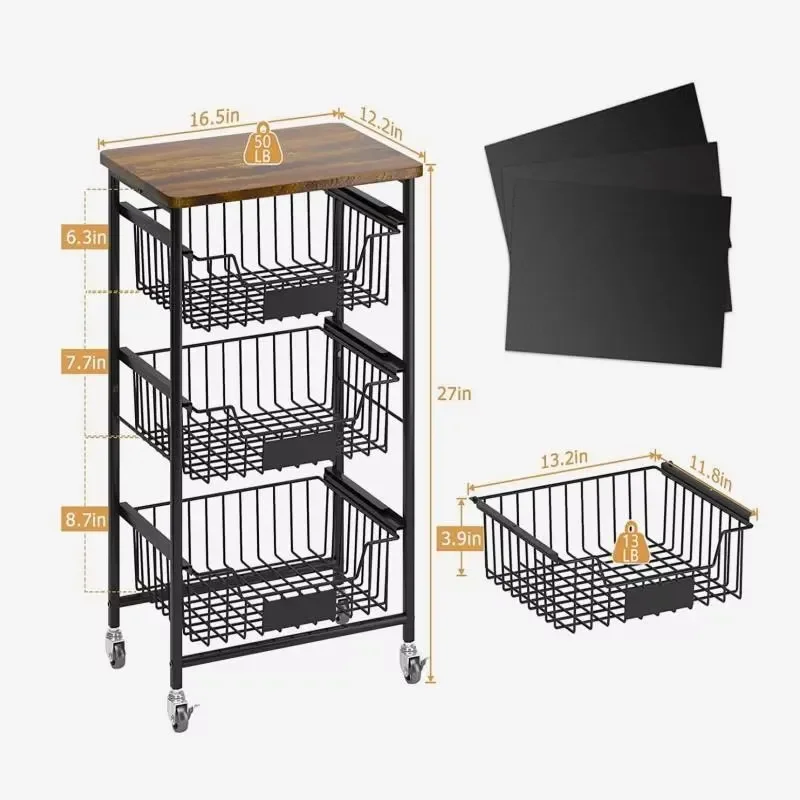 360 Rotating Wheel Kitchen Floor Multi Layer Vegetable Rack Cart Metal Fruit Storage Basket