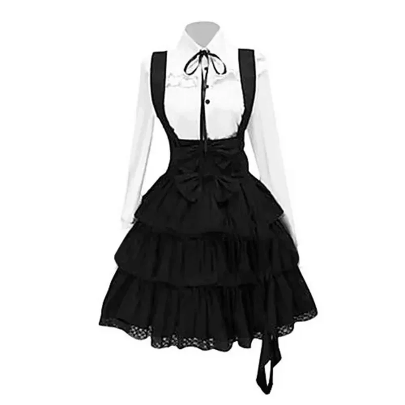 Frauen klassische Lolita Vintage inspirierte Outfits Maid Anime Mädchen schwarz Langarm Gothic Shirt Spitze Minikleid S-5Xl MN9