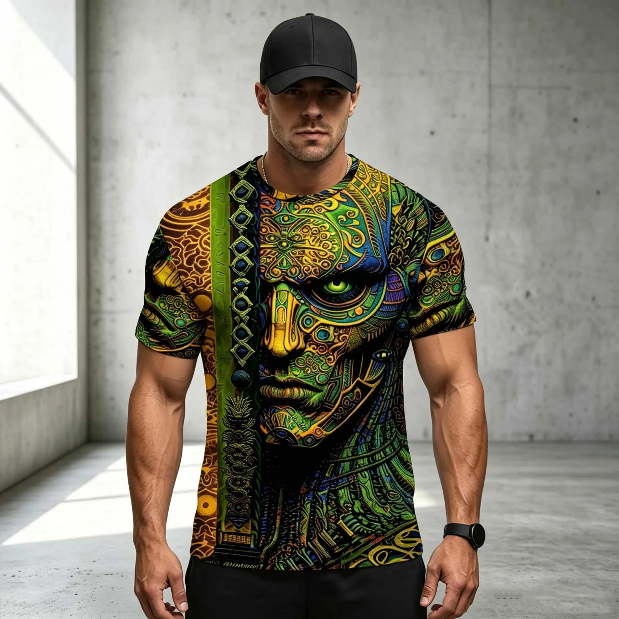 Herren-T-Shirt im Ethno-Stil mit kurzen Ärmeln, psychedelischem Tribal-Totem-All-Over-Print, lässiges Hip-Hop-Streetwear-Shirt mit Rundhalsausschnitt – Detail 3