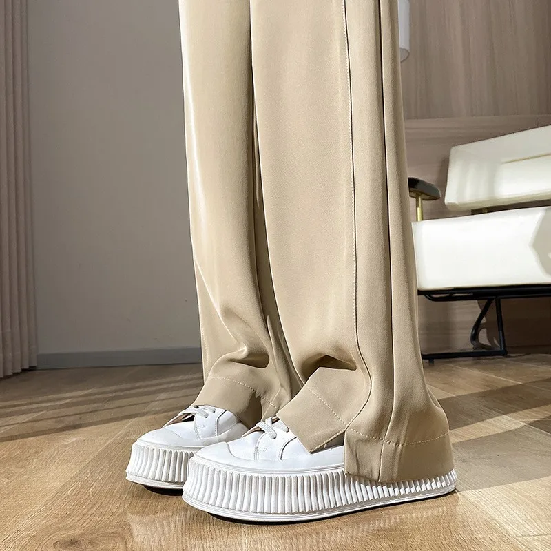 ハイウエストアイスシルクカジュアルワイドレッグパンツスプリットストレートレッグトラウザーズ春夏新作スレフロア丈ドレープバナナパンツ