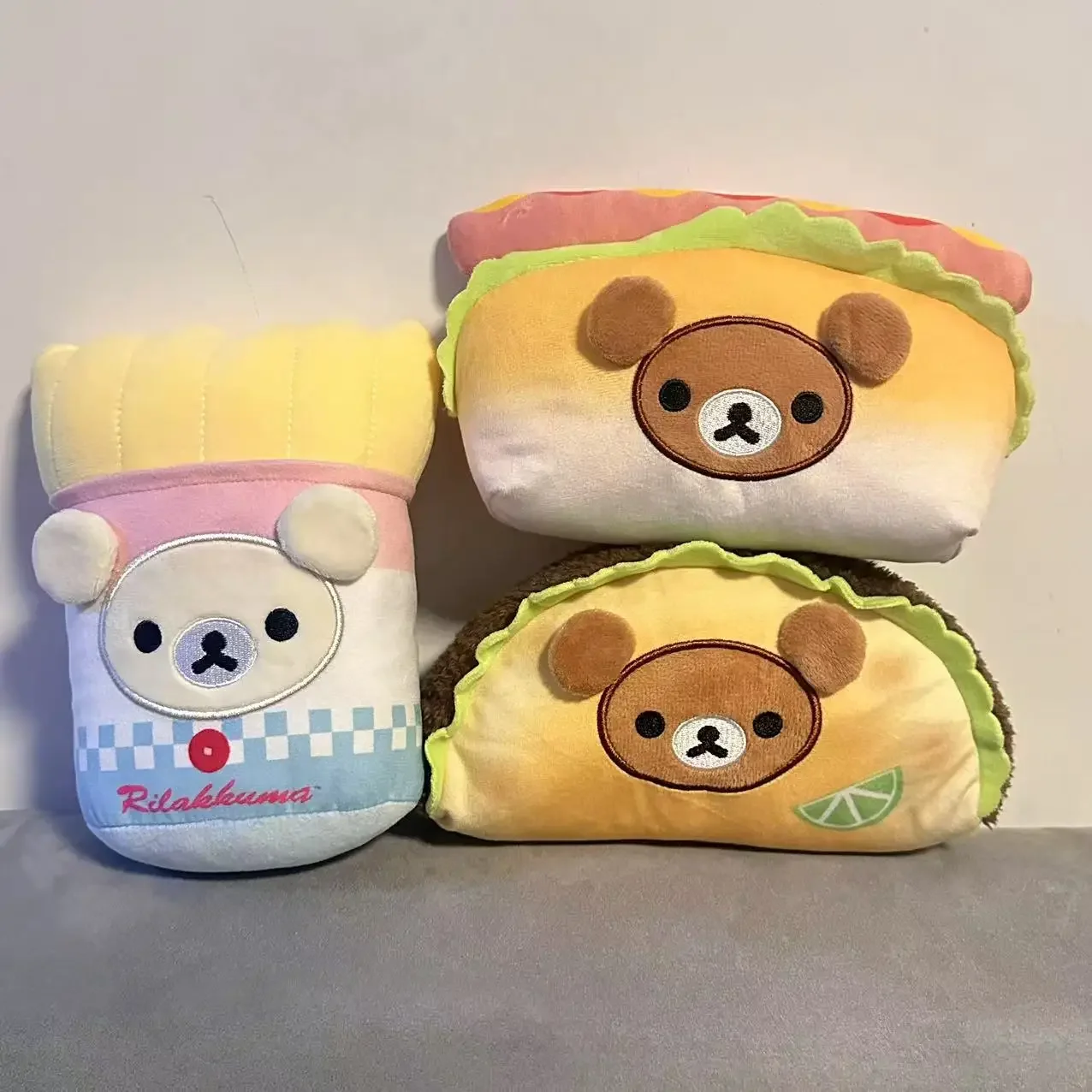 Kawaii Rilakkuma Peluche Taco Hot Dog patatas fritas oso Peluche encantador Anime oso muñeco de Peluche Japón Anime lindo regalo de cumpleaños y Navidad