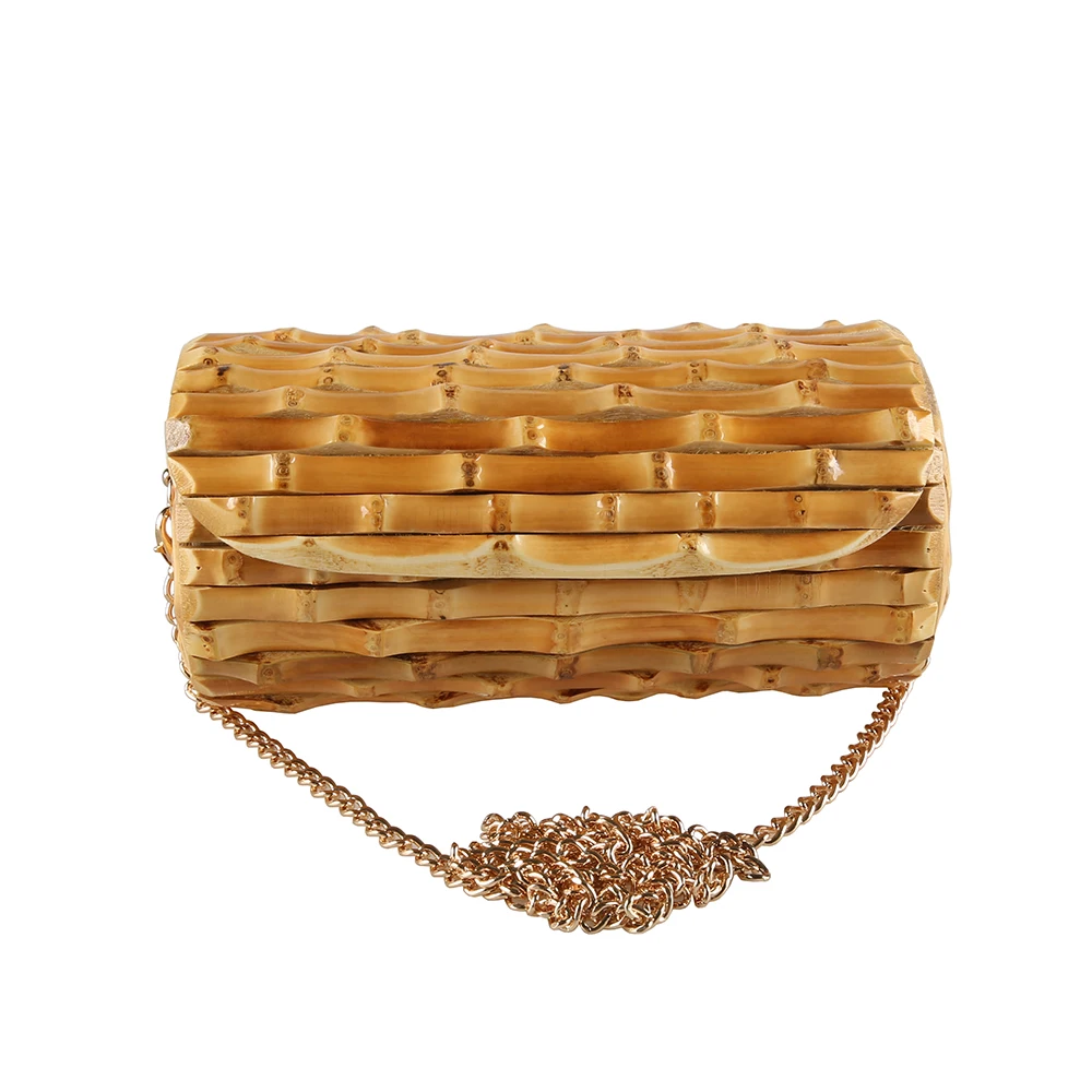 Handmade Unique Natural Bamboo Root Small Round Circular Purse Handbag Shoulder Phone Bag Bucket Cylinder Barrel Crossbody Bag