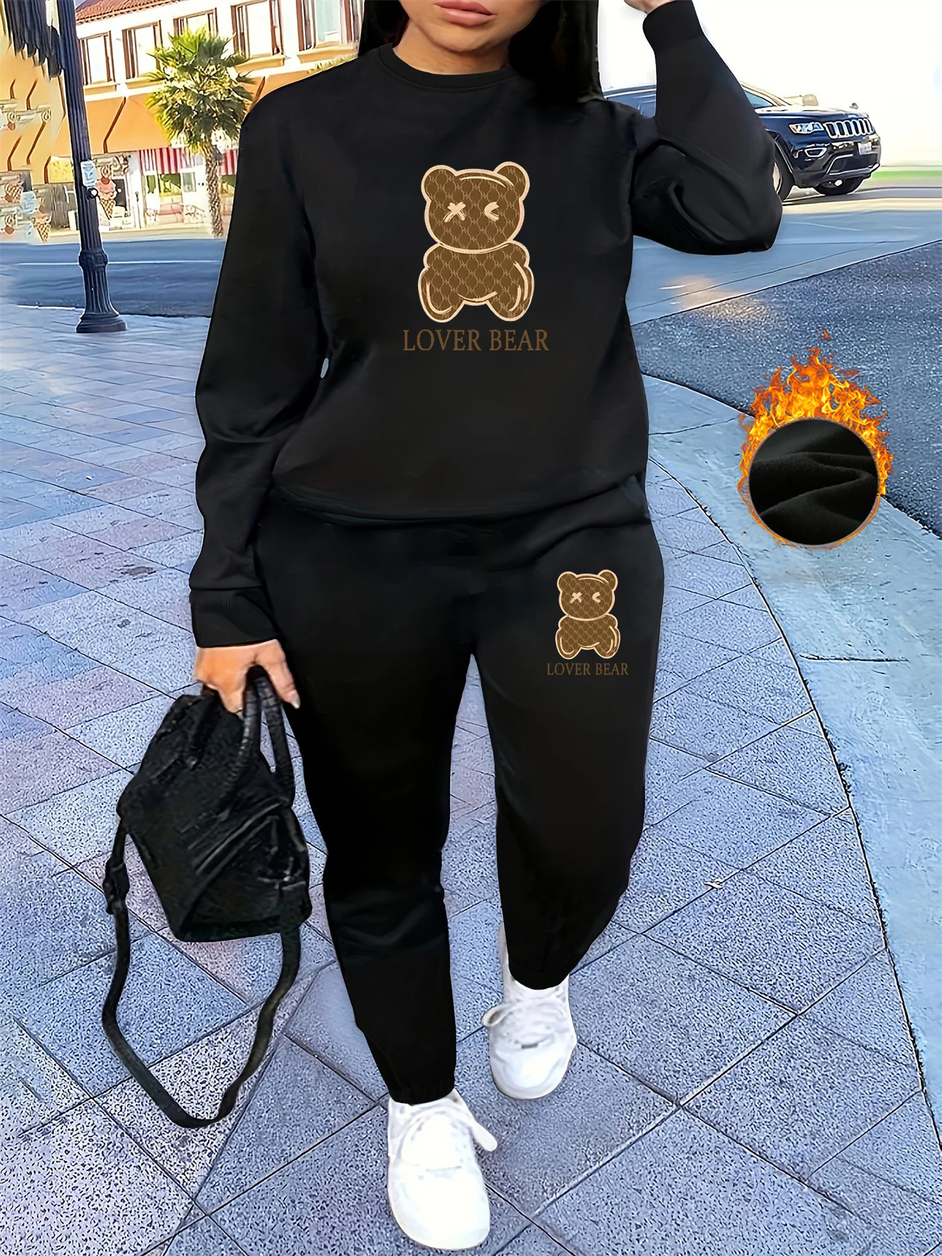 여성용 가을 겨울 힙합 캐주얼 스트리트 패션 만화 곰 프린트 라운드 넥 스포츠 셔츠+스포츠 바지 따뜻한 세트