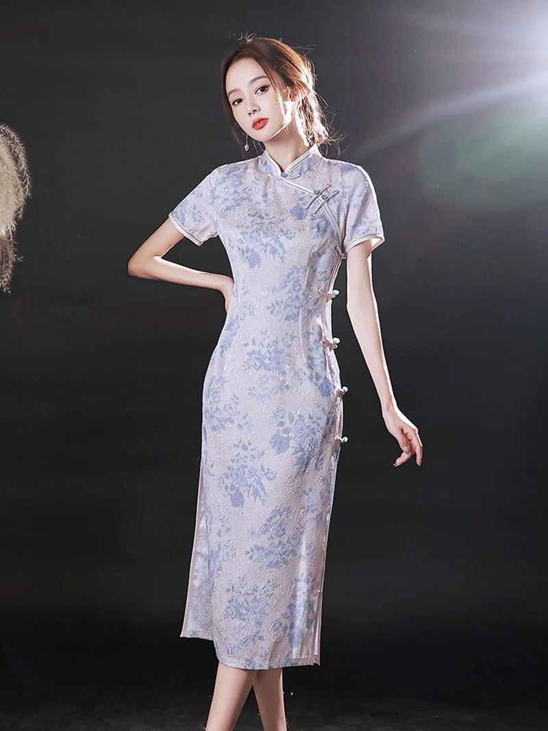 

Blue Lace Cheongsam Short Sleeve Chinese Traditional Fashion Dress Women Costumes Slim Elegant Qipao S To XXL