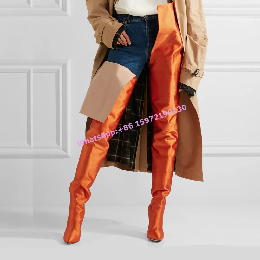 

Solid Runway Thigh High Boots Satin Colorful Slip On Pointy Toe Thin Heels Light Color Women's Shoes Fashion Long Boots 2025