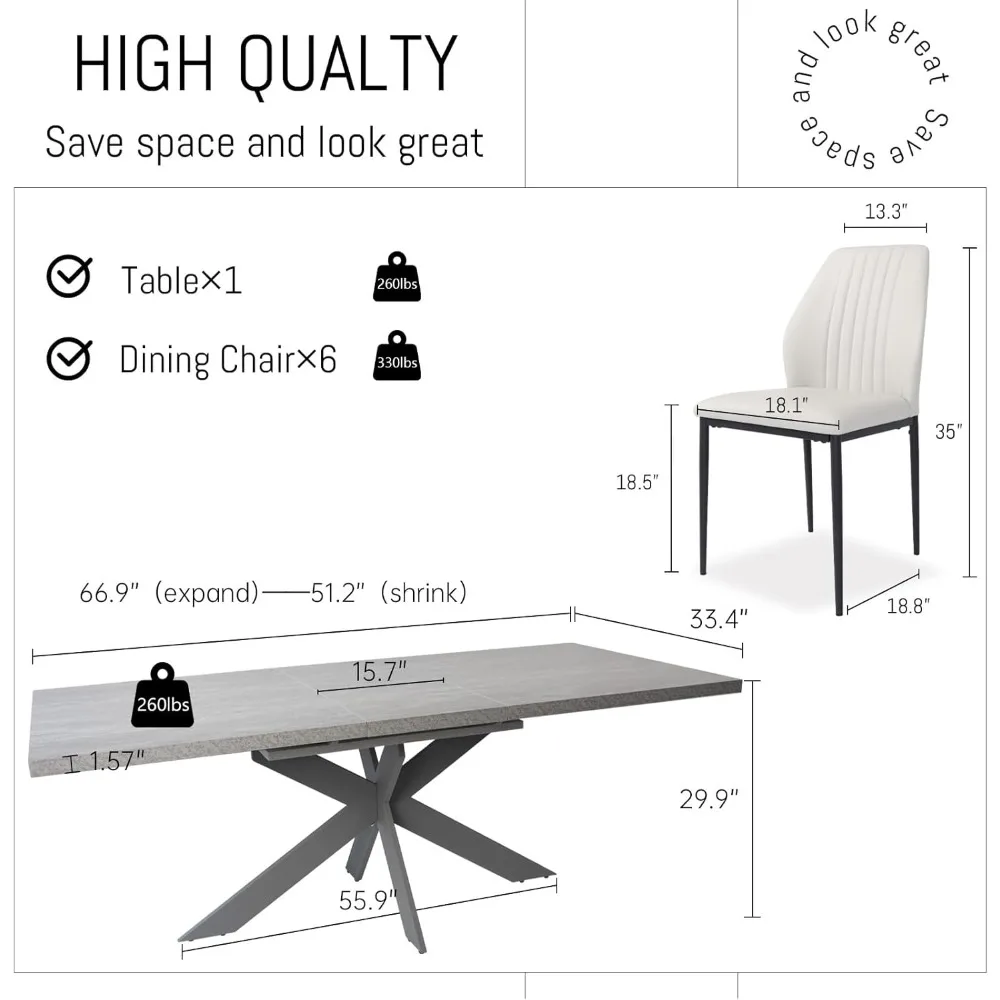 Table de salle à manger extensible moderne, cuisine rectangulaire, cadre en métal gris, gain de place, 6 à 8 personnes