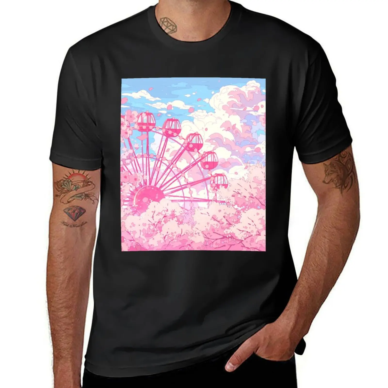 The ferris wheel and pink cherry blosom T-Shirt sports fans shirts graphic tees summer tops Short sleeve tee men