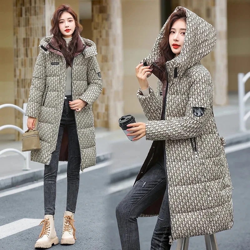 Winter Jacket Detachable Hat Printed Down Cotton Coat 2023 New Paraks Thicken Warm Long Padded Coat Womens Cothing Outerwear