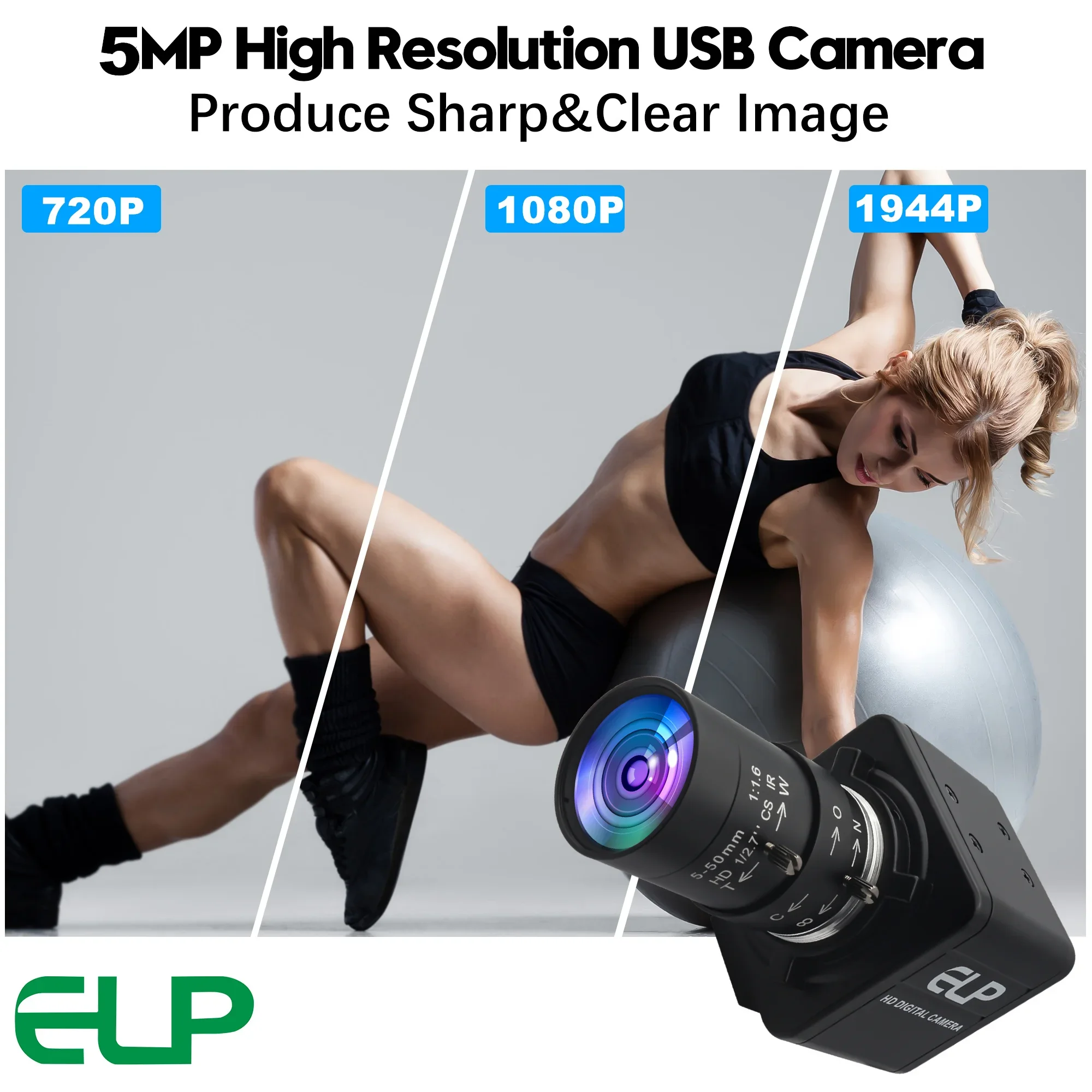 Cámara USB con obturador Global ELP de 5MP, Zoom 10X, cámara web de alta velocidad de 5MP, 50FPS, 1080P, 60FPS para inspección Industrial, monitoreo de tráfico