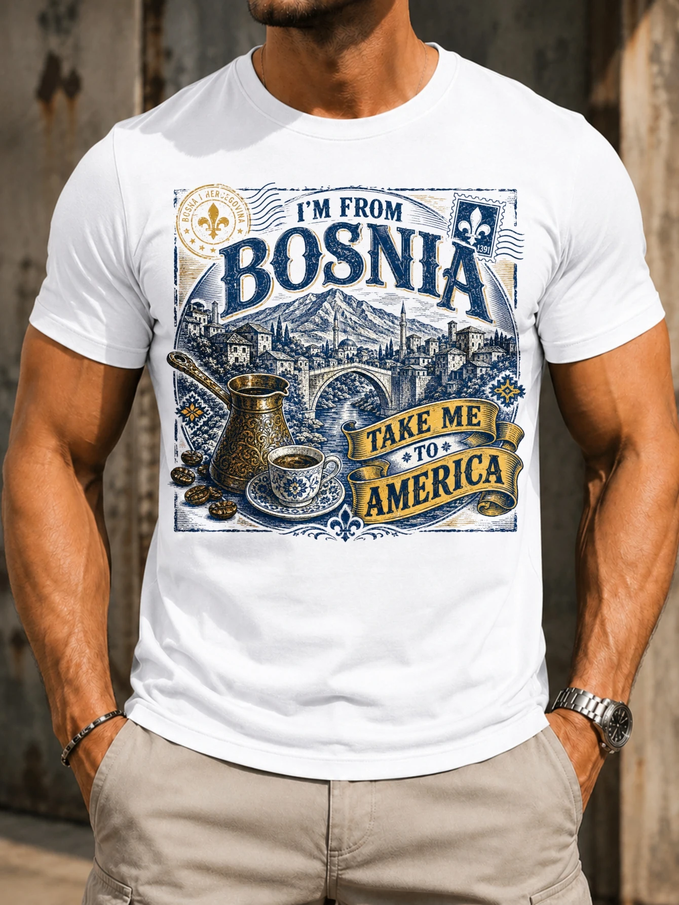 m From Bosnia Take Me To America  vintage stamp layout coffee pot bridge ribbon blue gold travel  Unisex All T-Shirt