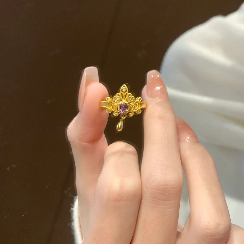 خاتم بطانة من الذهب الفرنسي القديم للنساء، خاتم مفتوح مرصع على الموضة وخفيف الوزن على طراز المحكمة #2