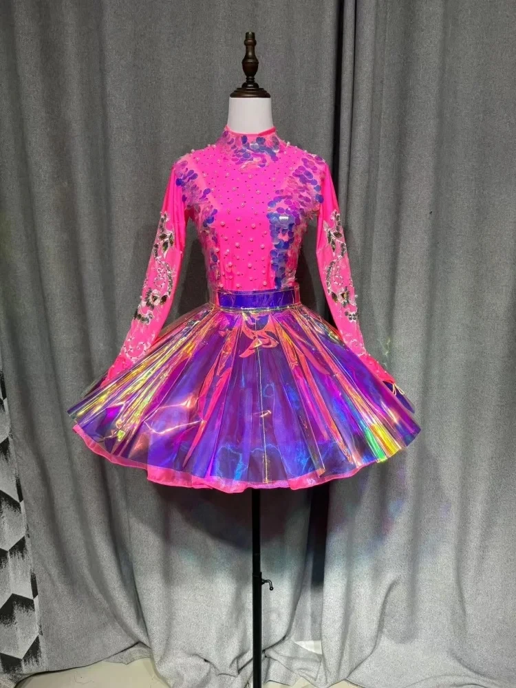 Women's Group Jazz Dance Costume Sequin Top Laser Cut Skirt Christmas Party Festival Outfit Nightclub DJ Stage Gogo Wear