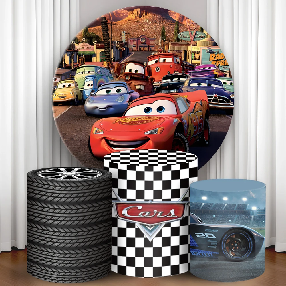 

Cars Mcqueen Round Cylinder Backdrop Cover Boys Birthday Party Cylindrical Cake Table Cover Babyshower Photograph Background