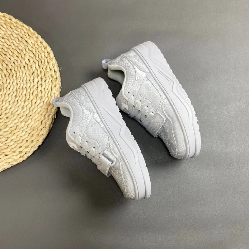 Silver White Snake Texture Platform Skate Shoes Unisex Thick Sole Height Increasing Sneakers Large Size Hook&Loop Street Casual