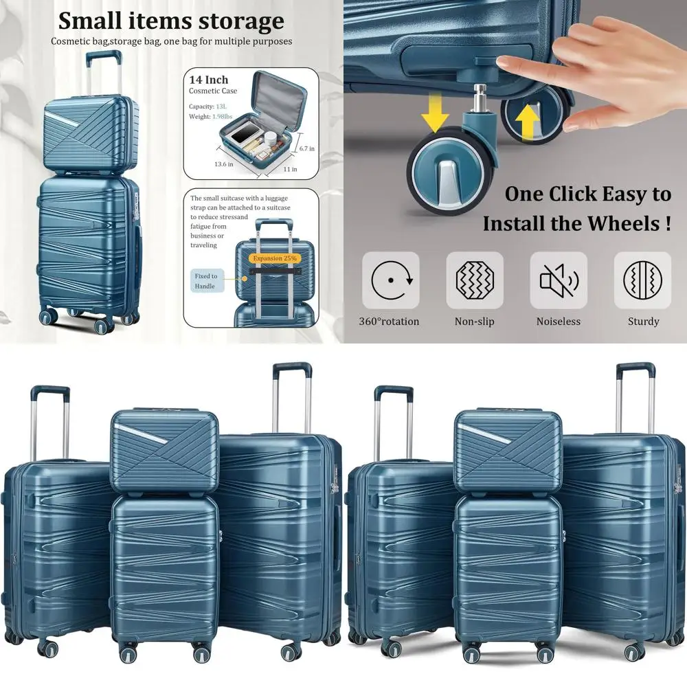 

Набор из 4 чемоданов с жестким корпусом - расширяемые, с замком TSA, 14-дюймовый чемодан, легкие чемоданы на колесиках, с возможностью хранения внутри друг в друга (цвет: павлиний синий)