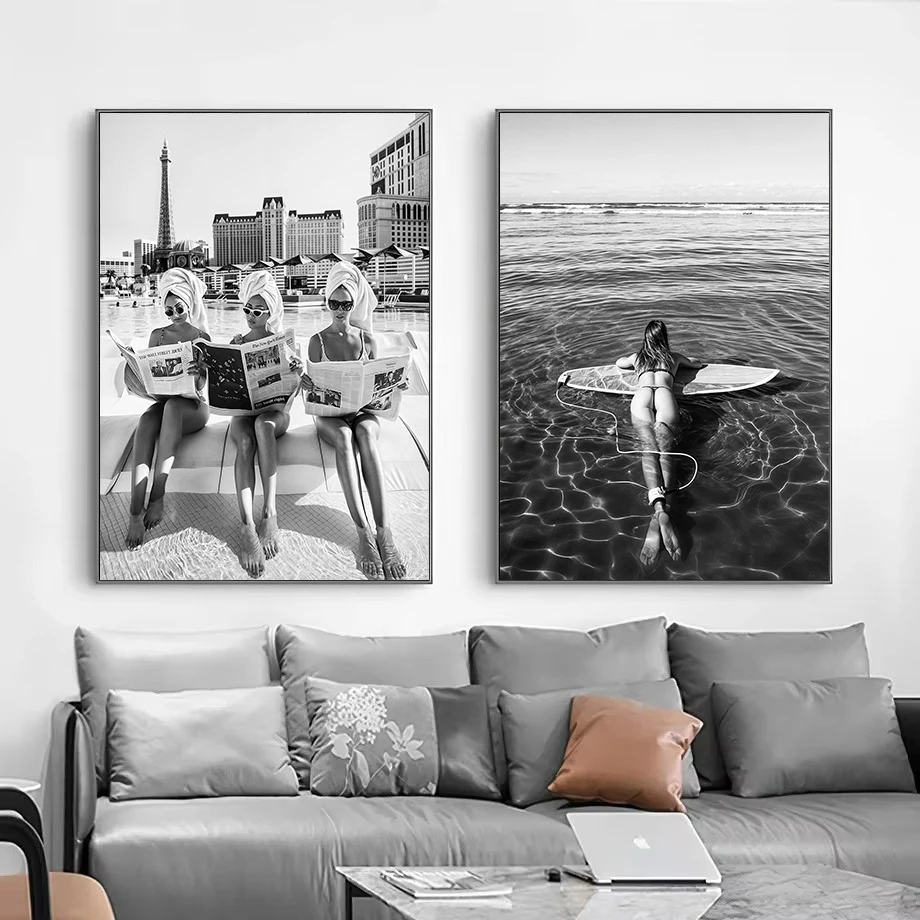 Black&White Seascape Surfer Beach Girl Luxury Summer Chic Photography Poster Canvas Painting Wall Art Pictures Home Decor