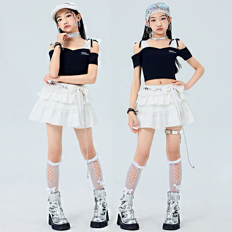 

Черный укороченный топ для уличных джазовых танцев для девочек, пышная юбка, детские танцевальные костюмы в стиле хип-хоп, комплект тренировочного костюма, детские летние милые наряды