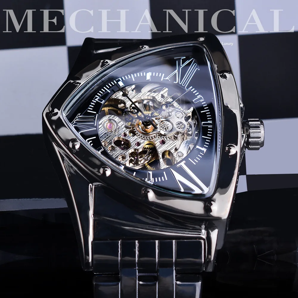 Forsining Men Skeleton Automatic Mechanical Watch Gold Vintage Man Watch Triangle Wristwatches Luxury Irregular Clock Black Dial