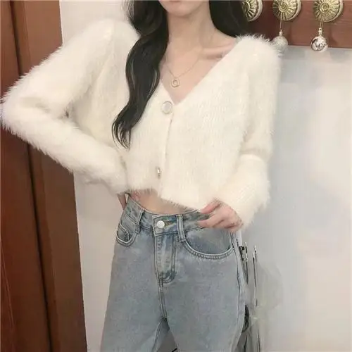 

Свободный кардиган с V-образным вырезом для женщин, весна-осень-зима, новый, из искусственного меха норки, вязаный свитер, верхняя одежда, куртка
