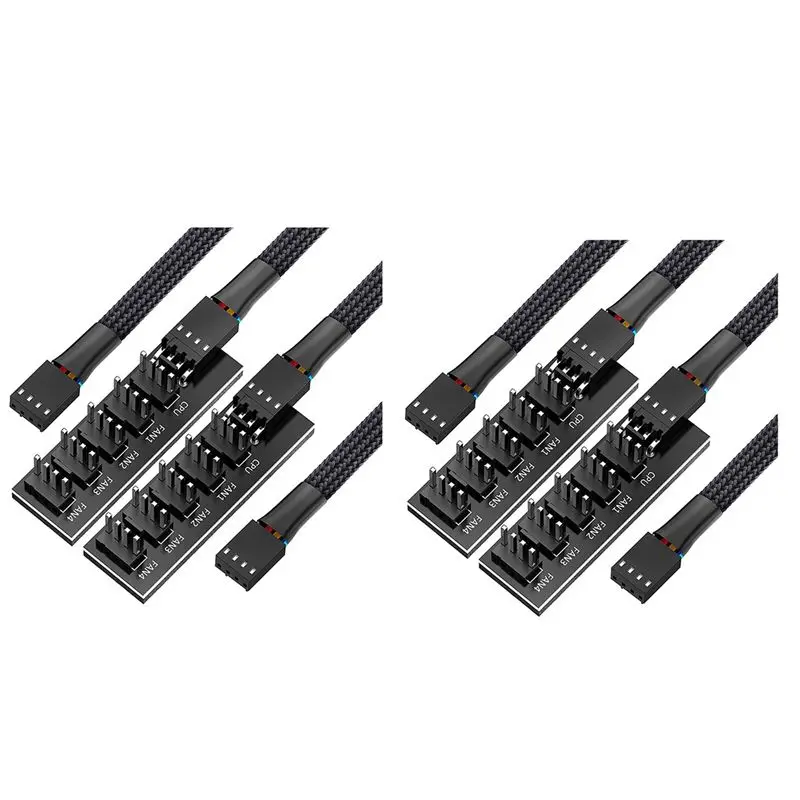 2X PWM Fan Hub Splitter,4 Pin Black Sleeved 5 Way PC CPU Cooling Case Fan Extension Splitter Adapter Cable 40Cm/15.7Inch-ABIU