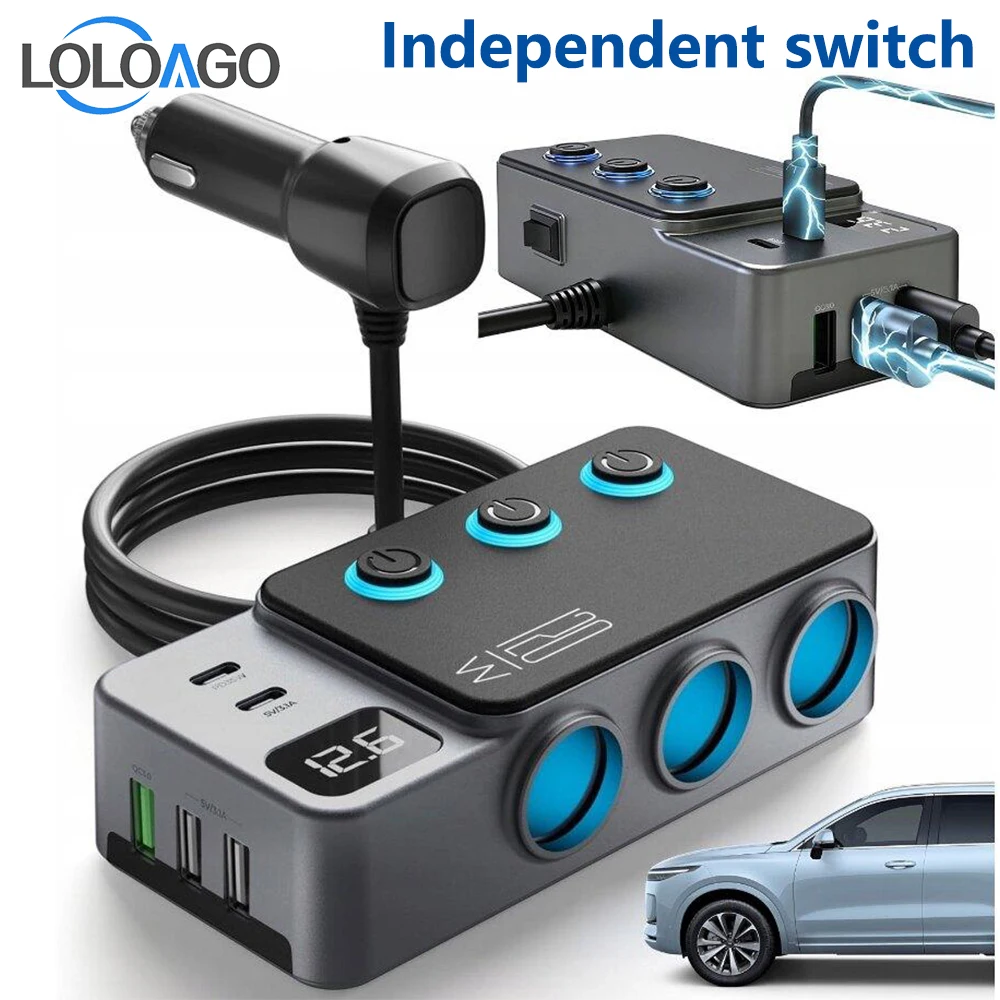 Car Charging Cigarettes Splitter 3 Socket USB C PD35W Super Fast Charging for 12V/24V Vehicles with independent switch