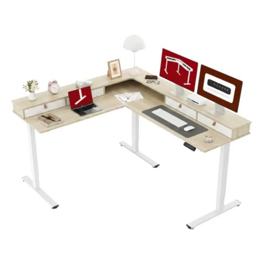 Electric L-Shaped Corner Standing Desk with 4 Drawers: Office Use, Steel Frame, Matte Black, Height-Adjustable Space-Saving Des