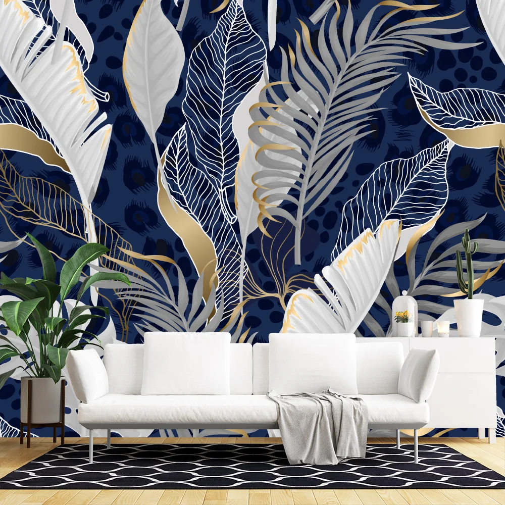 Blue Palm Tree Animal Painting Self Adhesive Wallpaper Peel and Stick Living Room Wallpaper Funitures Cabinet Paper Decoration