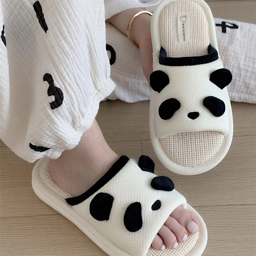 New Cute Panda Fashion Hemp Soft Ladies PVC Casual Mix Colour Design Comfortable Female Linen Home Slippers