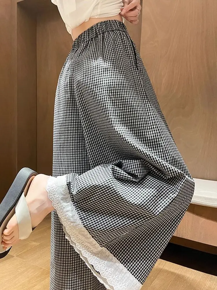 Gonna pantaloni a gamba larga con bordi in pizzo a quadretti in seta ghiacciata per donna, culotte estiva sottile e drappeggiata a gamba dritta corta taglie forti