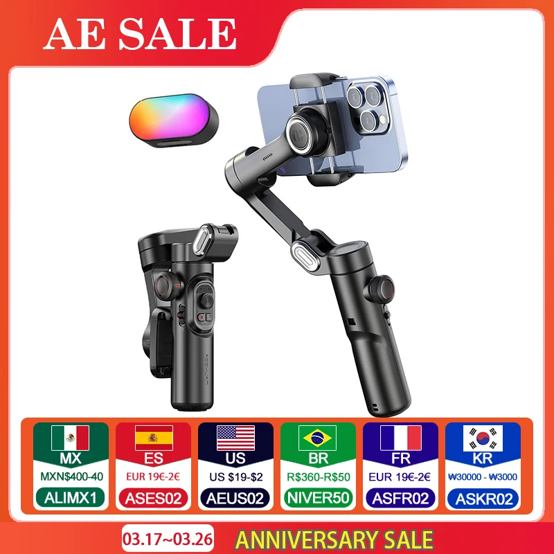 AOCHUAN 3-Axis Handheld Gimbal Stabilizer for Smartphone with Fill Light for iPhone Android Face Tracking Tiktok Vlog Smart XE