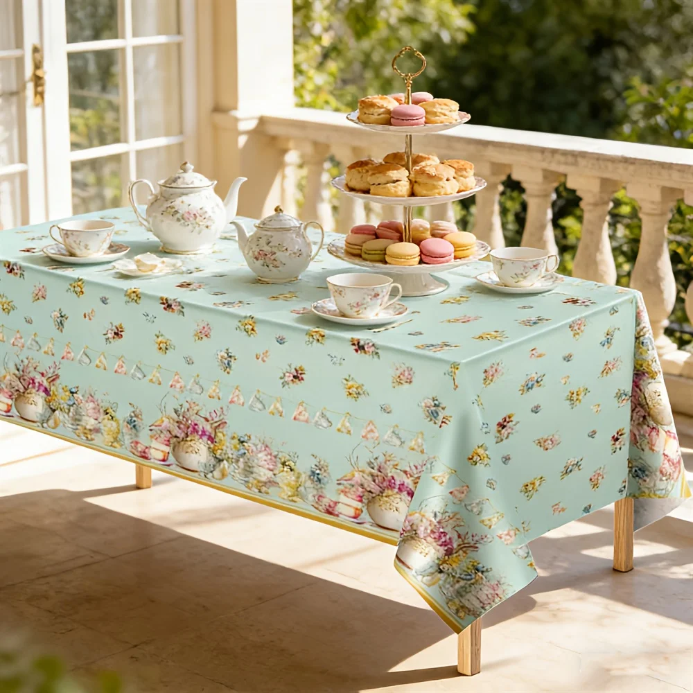 1Pc Vintage Floral Tablecloth Light Blue Flower Pattern Table Cover For Afternoon Tea Party Decorative Rectangular