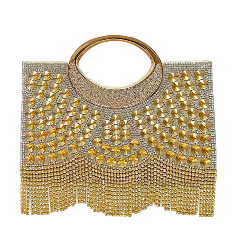 Golden Yellow Marquise Crystal Long Tassel Metal Ring Clutch Luxury Eye-catching Evening Purse Mature Women Party Heavy Handbag