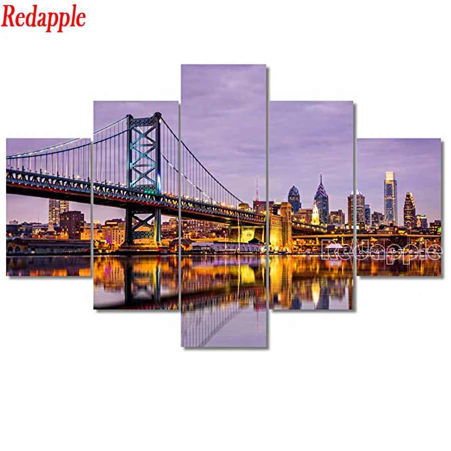 

5D Diamond Painting Cross Stitch Philadelphia Ben Franklin Bridge Skyline DIY Full Drill Embroidery Pennsylvania city 5 pcs art