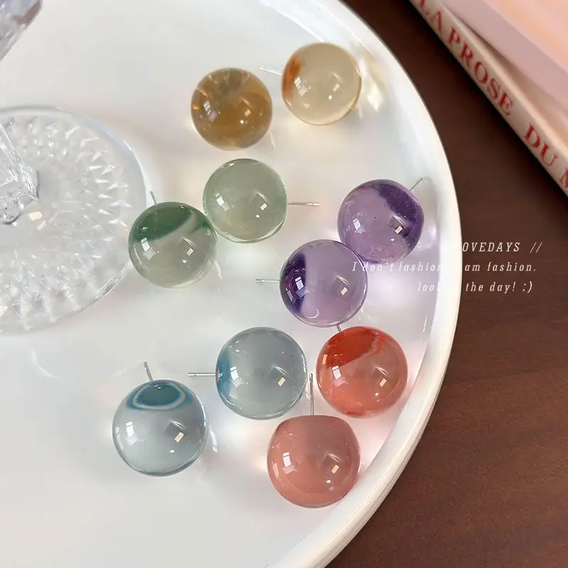 Resin Ball Earrings Transparent Multi Color for Women Summer Small Batch Unique Daily Wear Lightweight Comfortable