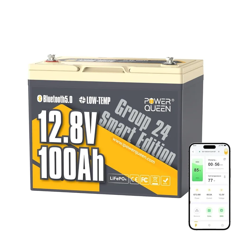 12V 100Ah LiFePO4 Lithium Battery 1280W Output 100A BMS Low-Temp Cut-off for RV Trolling Motor Solar, Custom