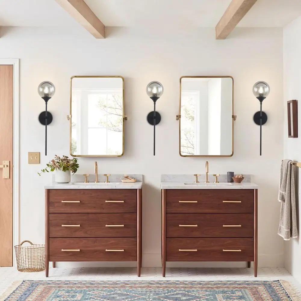 โคมไฟติดผนังสไตล์โมเดิร์นสีดำด้านแบบมิดเซ็นจูรี่ พร้อมกระจกสีเทาควันบุหรี่แบบวินเทจ สำหรับห้องน้ำหรือห้องนอน