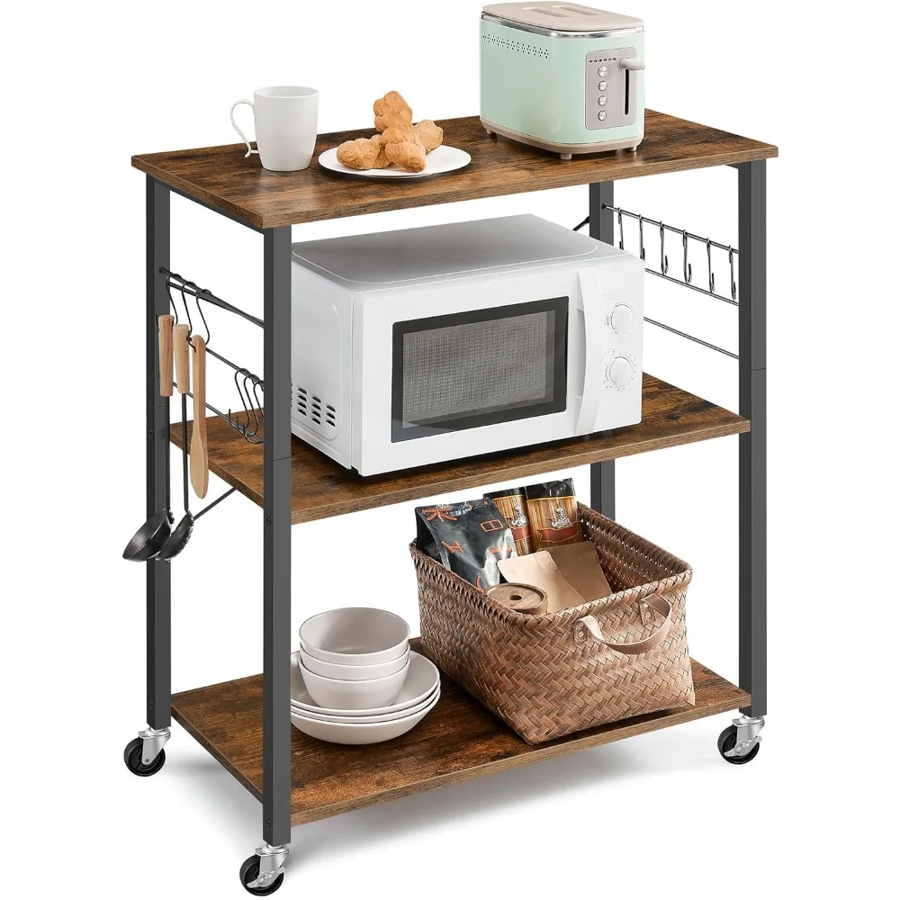 

31.5-Inch Rolling Kitchen Cart with 3 Shelves, Hooks, and Wheels for Storage and Mobility