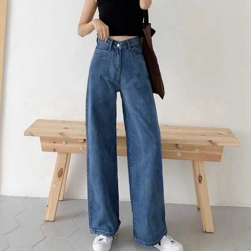 Pantalones vaqueros holgados de cilindro recto para mujer, pantalones largos adelgazantes de cintura alta, tela de algodón a la moda, estilo informal cómodo