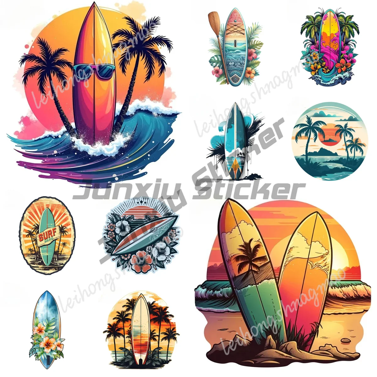 

Surfing Summer Coconut Tree Landscape Stickers Retro Surfboard Suitable Waterproof Decals Vinyl JDM Trunk Accessories Decoration
