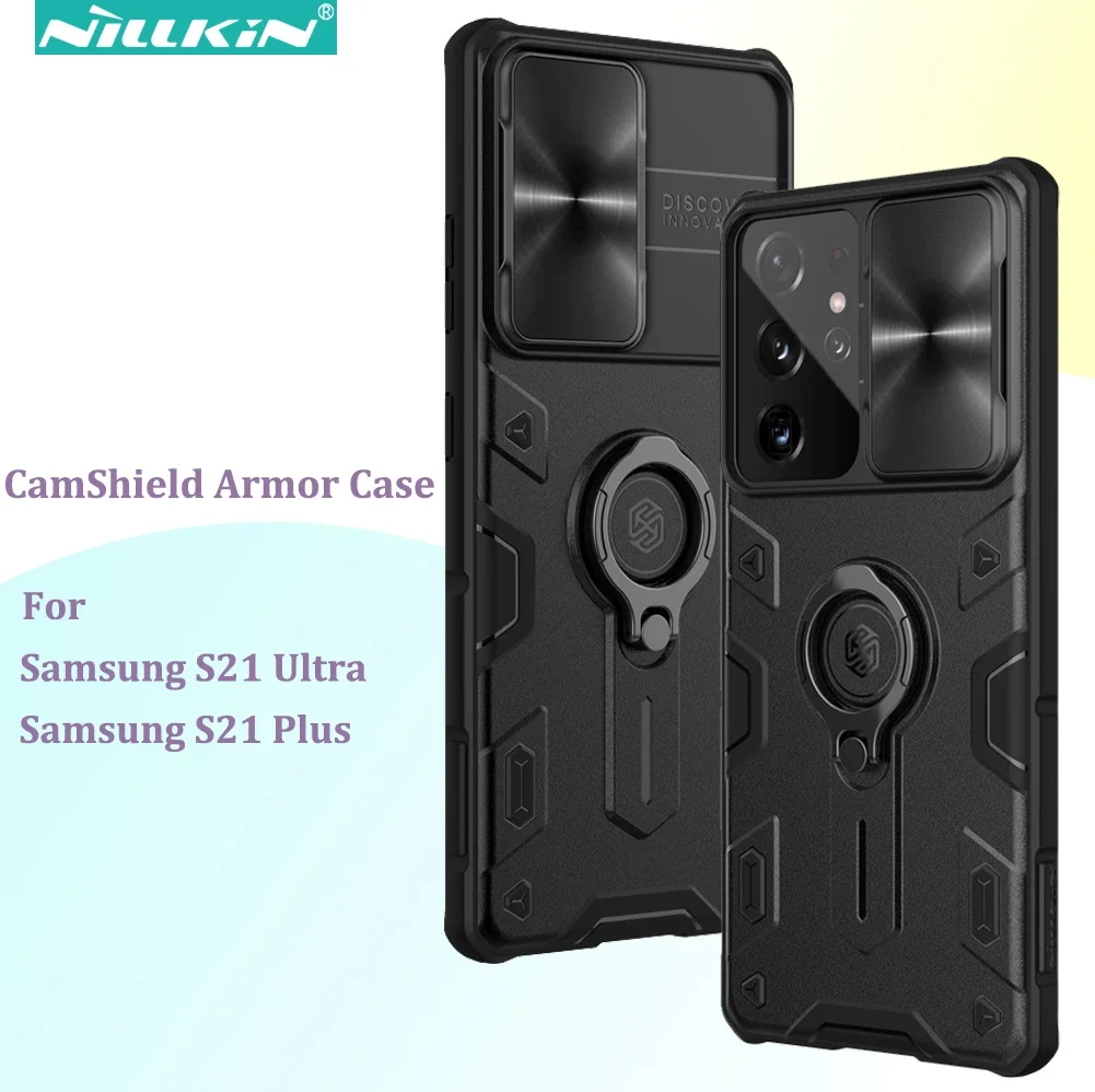 เคสเกราะ CamShield สําหรับ Samsung Galaxy S21 Ultra S21 Plus, Nillkin กันชนไฮบริดป้องกันพร้อมขาตั้งและฝาครอบเลนส์กล้อง